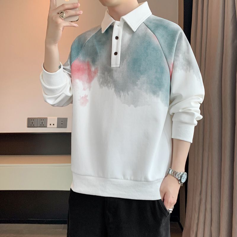 2025 New Autumn Gradient Tie-dye Lapel Sweatshirt Trendy Brand Loose and Versatile Long-sleeved Top Pullover