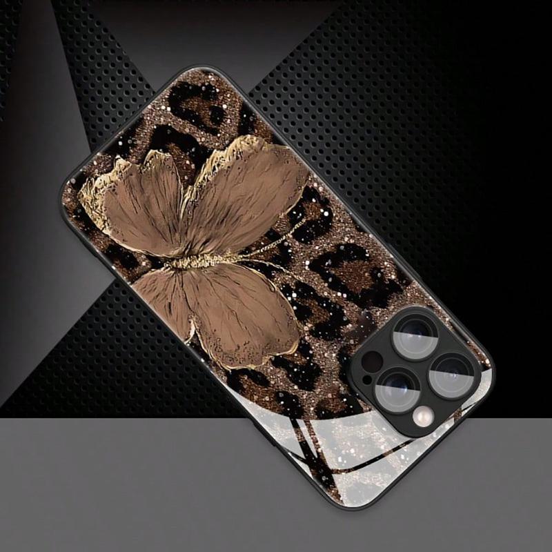 Роскошный Чехол Для Телефона Из Стекла С Узором Бабочка и Леопард Для iPhone 17 16 15 14 Pro Max 13 12 11 16E 7 8 Plus XR XS X