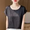 Женский летний новый стиль круглый воротник темперамент темный цветок короткий рукав универсальный короткий топ