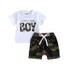 Baby Boys Shorts Set, Short Sleeve Letters Print T-shirt with Camouflage Shorts Summer Outfit