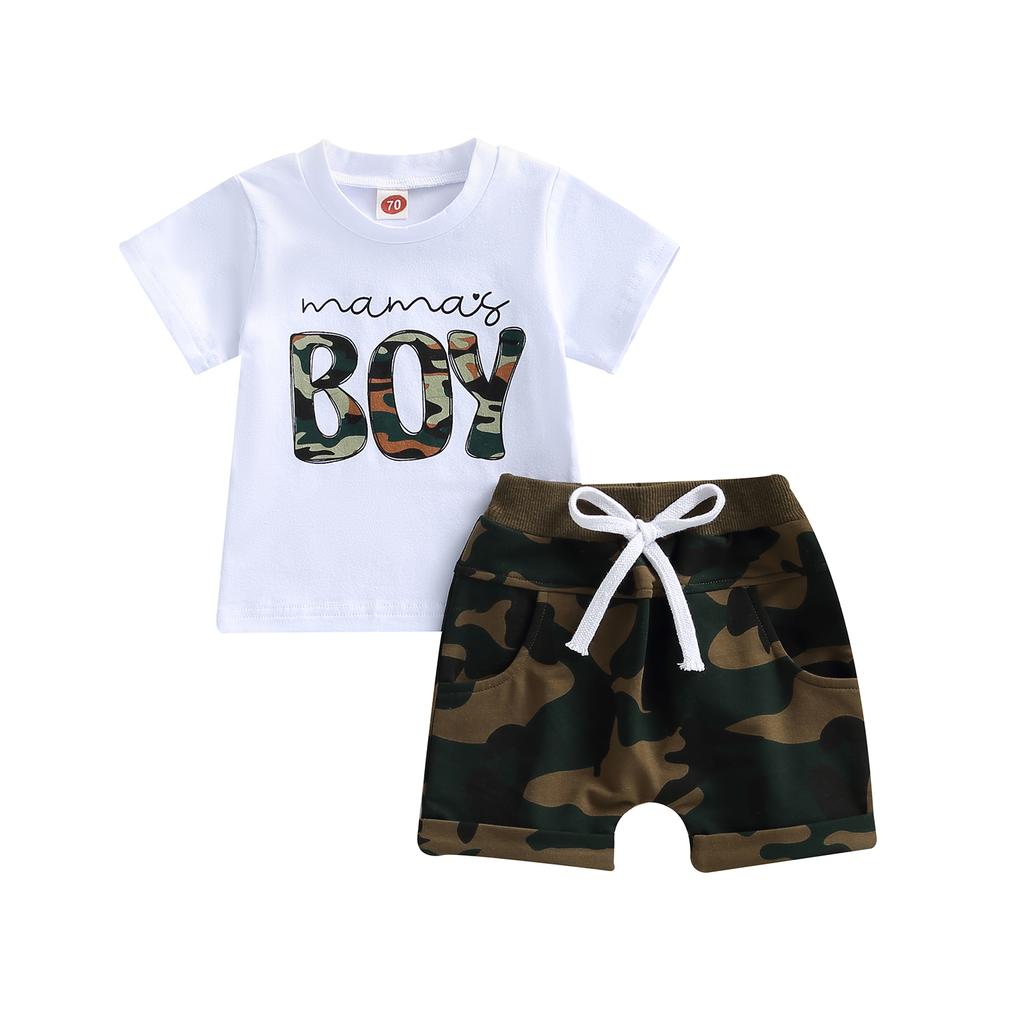 Baby Boys Shorts Set, Short Sleeve Letters Print T-shirt with Camouflage Shorts Summer Outfit