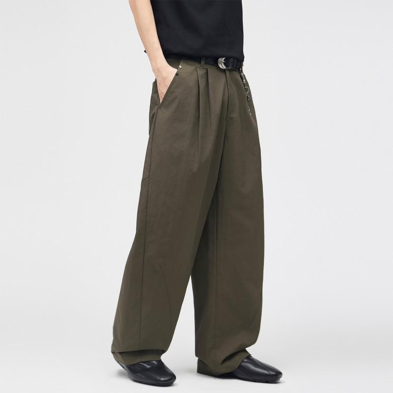 Mens Casual Wide-Leg Cargo Pants American Deconstruction Pleated Old Money Style Loose Trousers