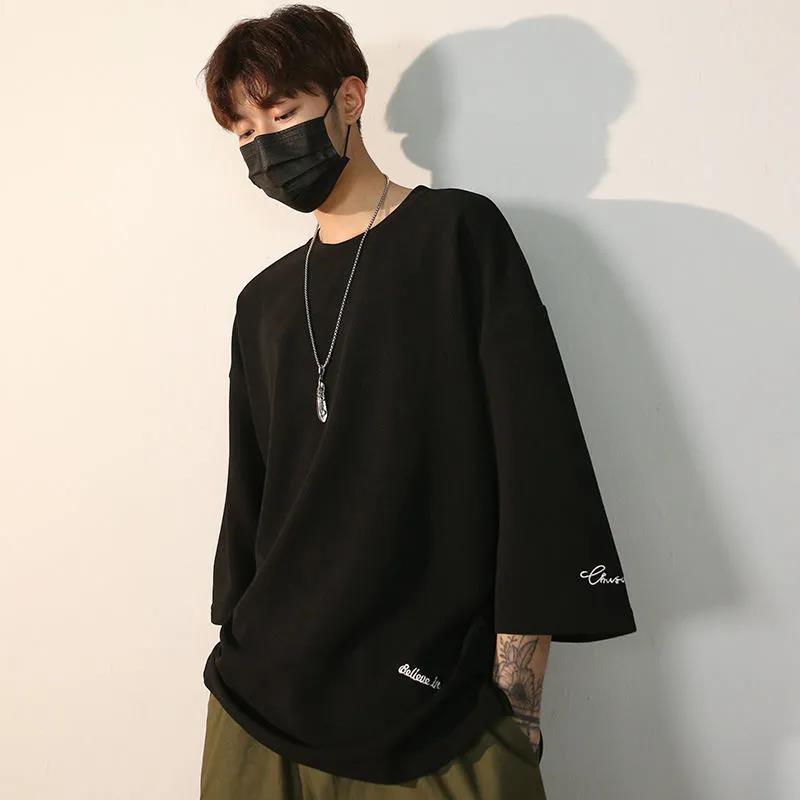 Summer Men's Short-sleeved T-shirt Three-quarter Sleeve Male Student Trend Loose Plus Fat Large Size Half-sleeved Men's Clothing