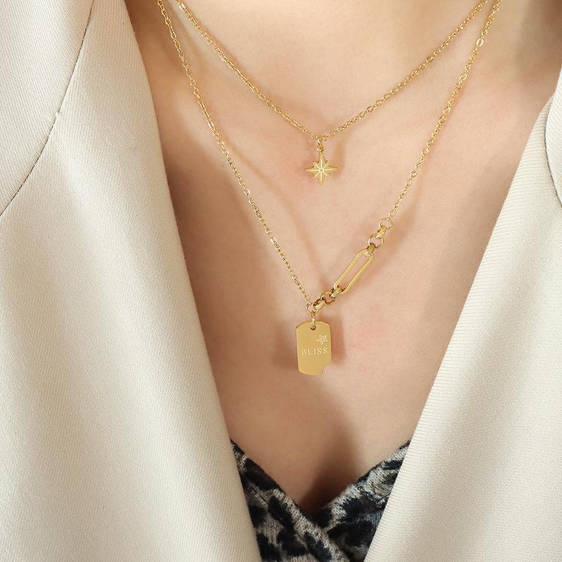 Корейский стиль, мода, универсальный, двухслойный, квадратный, брендовый кулон Xingmang, ожерелье из титановой стали с покрытием из 18-каратного золота, наборная цепочка для свитера для женщин