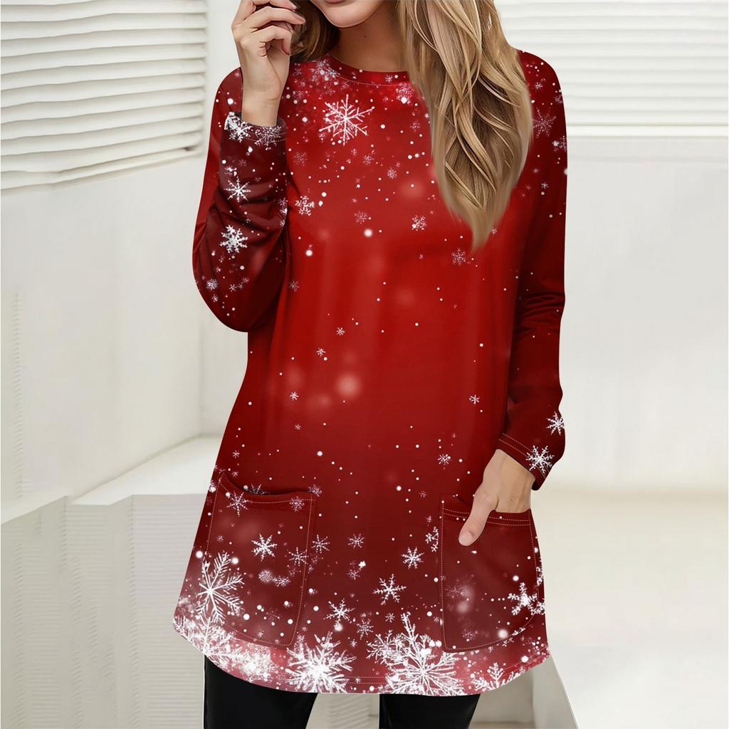 Женская толстовка, пуловер, спортивная одежда, карман, рождественский принт, повседневный топ с круглым вырезом и длинными рукавами