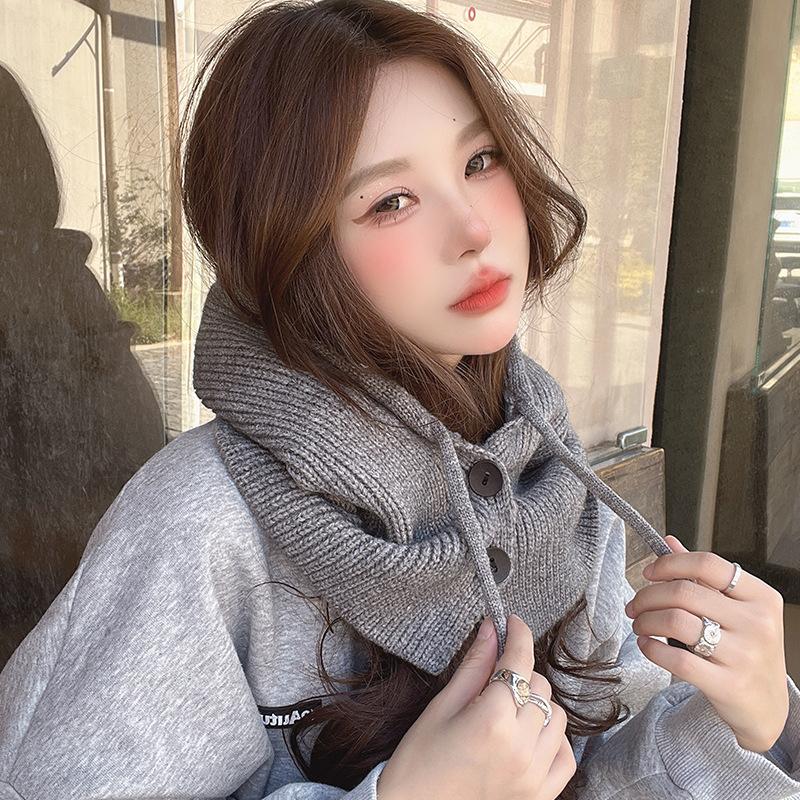 Зимняя шапка-балаклава, теплая вязаная женская шапка с капюшоном, однотонная цельная пуловерная кепка с воротником, уличные кашемировые шапки