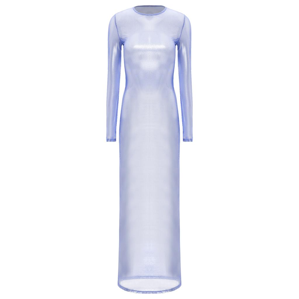 Женское прозрачное платье с длинным рукавом, с металлическим блеском, просвечивающее, в стиле макси, для клуба, ночное белье, забавное платье-нижнее белье