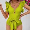 2025 New Sexy Ruffle Soild V-neck One Piece Strappy Slimming Swimwear Women  Swimsuit Deep-V Bathing Suit Beach Wear Monokini