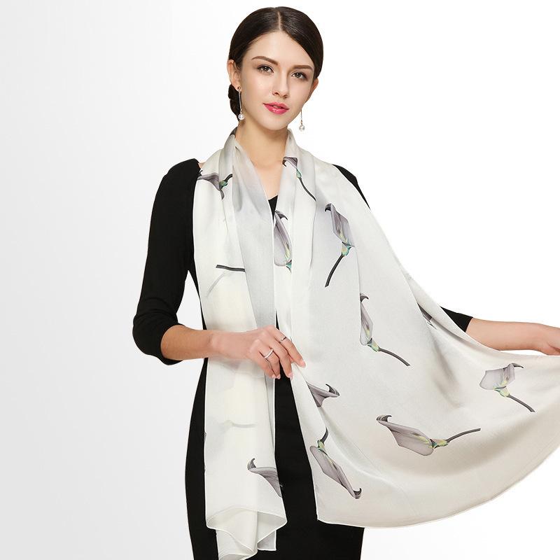 Silk Scarf Streamer Calla Lily Print Women'S Mulberry Silk Silk Scarf Georgette Satin Shawl Elegant Silk