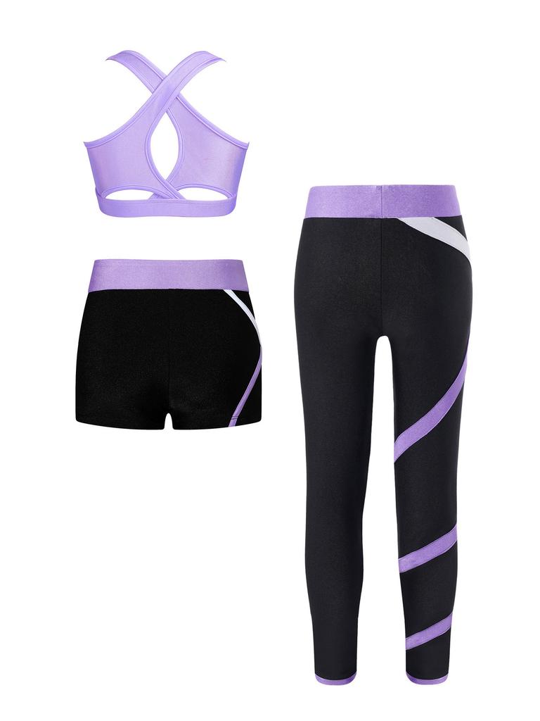 Kids 3 Piece Dance Outfit Tracksuit Girls Cross Nack Tank Sport Bra with Yoga Pants Leggings Ballet Shorts Set