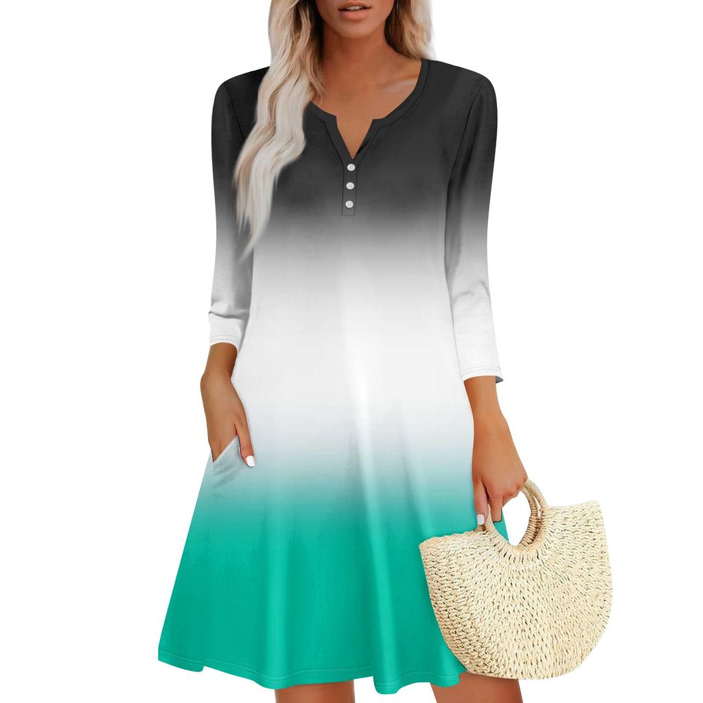 Women's Summer Dress Loose V Neck Three-quarter Sleeve Sundress With Pockets Dress
