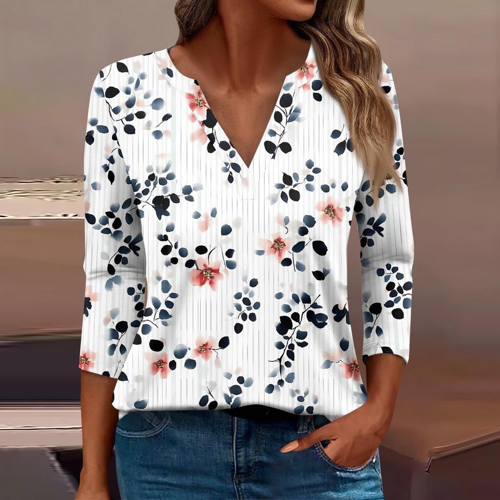 Женская футболка Футболка с принтом Рукав 3/4 Повседневные Выходные Мода Базовый V-образный вырез Обычный топ