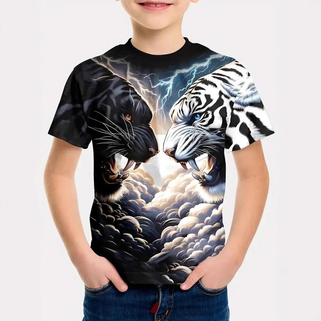 Детская футболка с 3D-принтом Детская одежда для мальчиков Летний отдых Футболка с короткими рукавами с 3D-принтом Животное Тигр Футболка