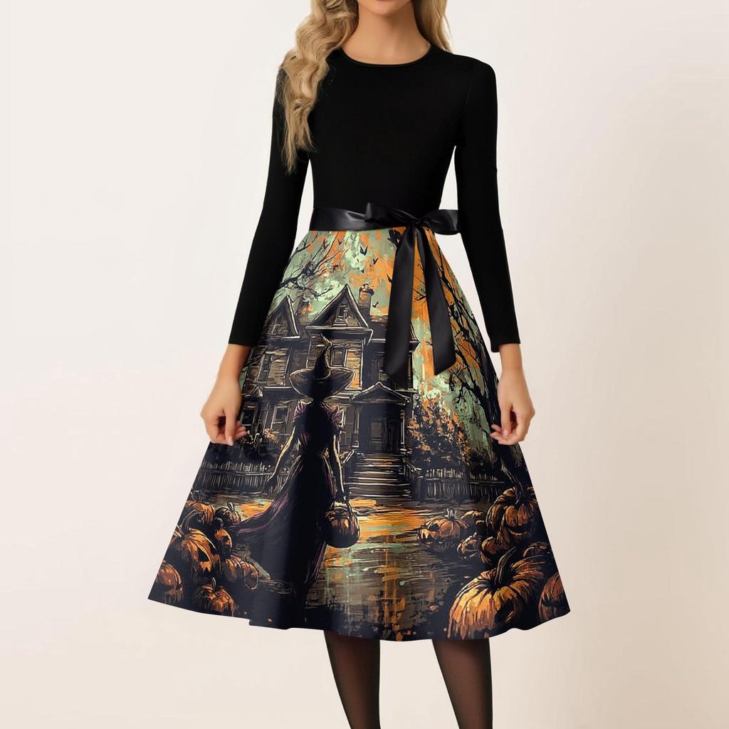 Женское повседневное модное платье винтажного стиля с круглым вырезом и принтом на Хэллоуин
