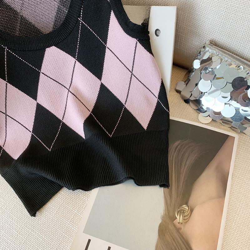 Autumn Fashion Casual Argyle Knitted Sweater Vest Women Winter Retro Sleeveless Pullover Sweater Women Waistcoat Round Neck Knitwear Vests 24821
