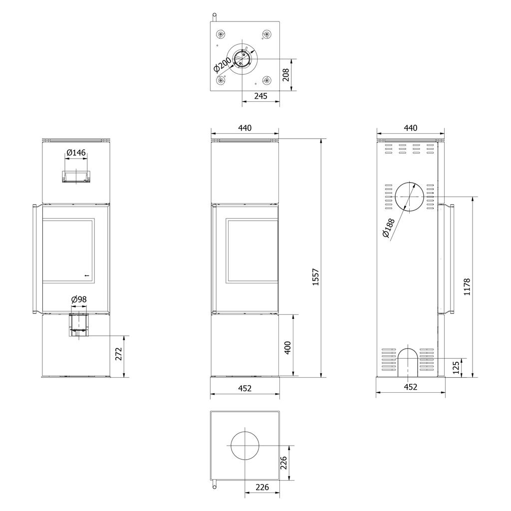 Дровяная стальная печь KRATKI REN/M правая Ø 150 7 кВт черная thermotec
