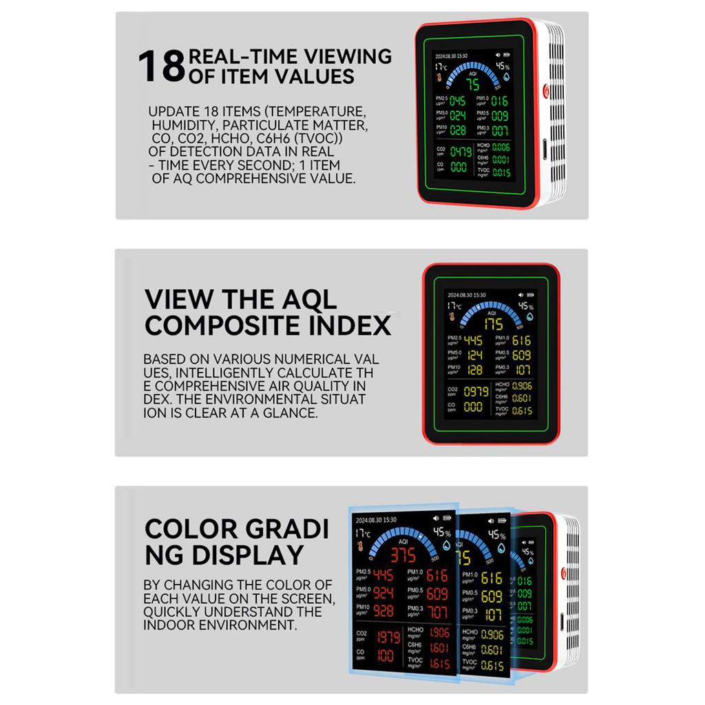 18 в 1 Измеритель HCHO, Измеритель температуры и влажности с цветным экраном для дома, офиса, Обнаружение в помещении
