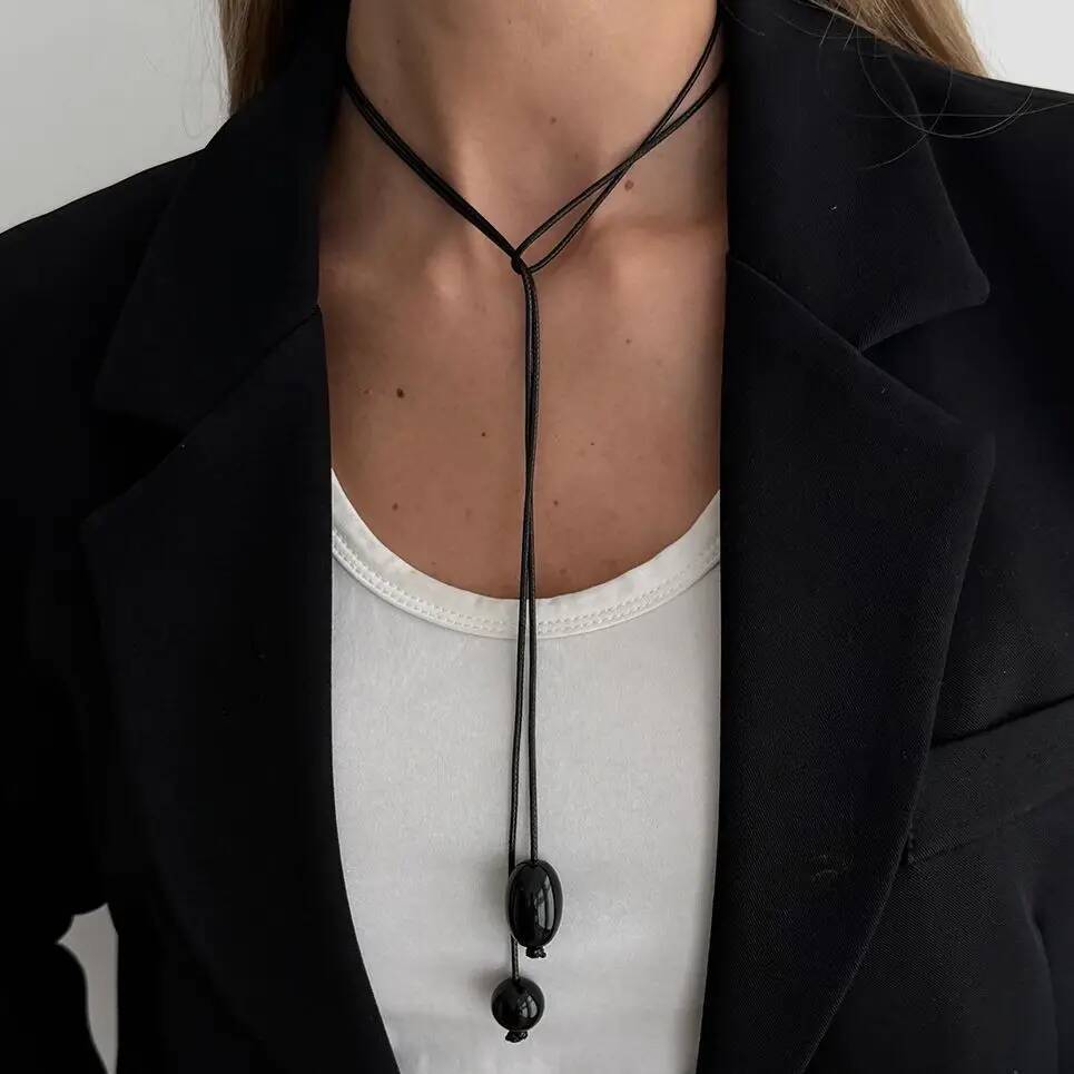 Salircon 4 Colors Simple Irregular Resin Bead Pendant Choker Necklace Women Black Wax Rope Adjustable Sweater Chain Jewelry Gift