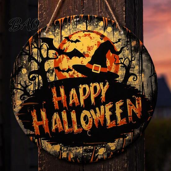 Retro Mysterious Forest Sign Halloween Witch Hanging Sign, 8" Round Wooden Door Autumn Witches Rustic Holiday for Home Front Porch Decoration Harvest