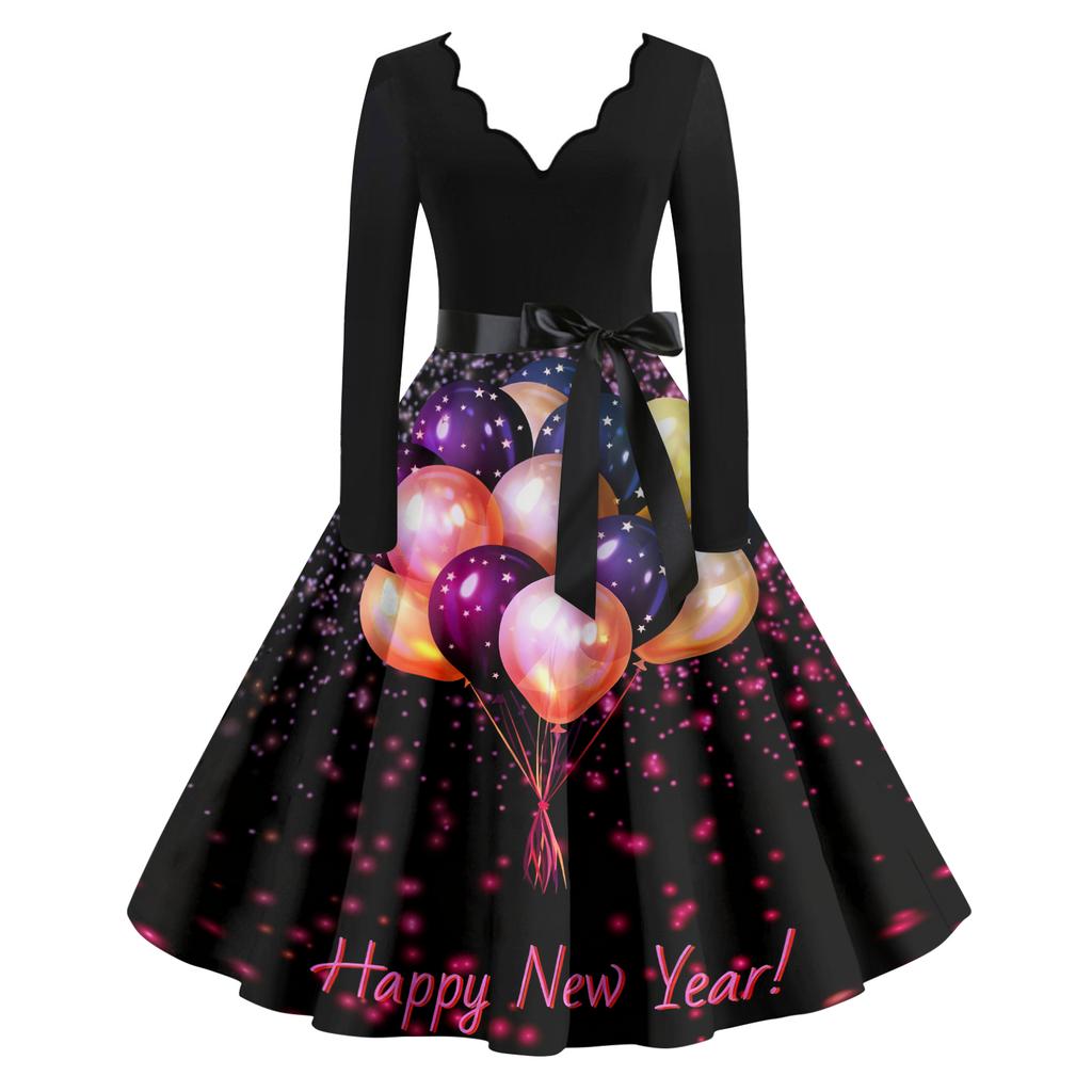 Женское повседневное модное платье винтажного стиля с V-образным вырезом и новогодним принтом