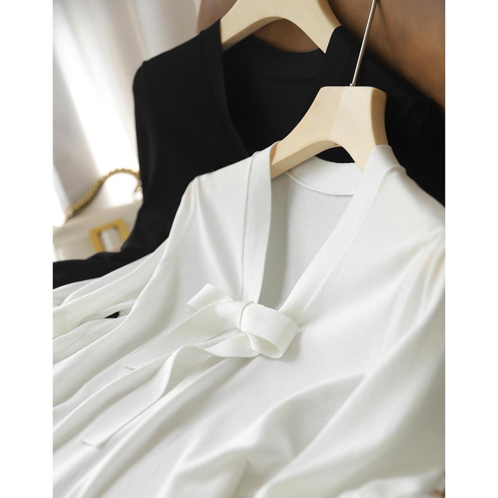 Летняя женская футболка Ice Silk с короткими рукавами, женская трикотажная футболка с V-образным вырезом и завязкой, свободная, с короткими рукавами