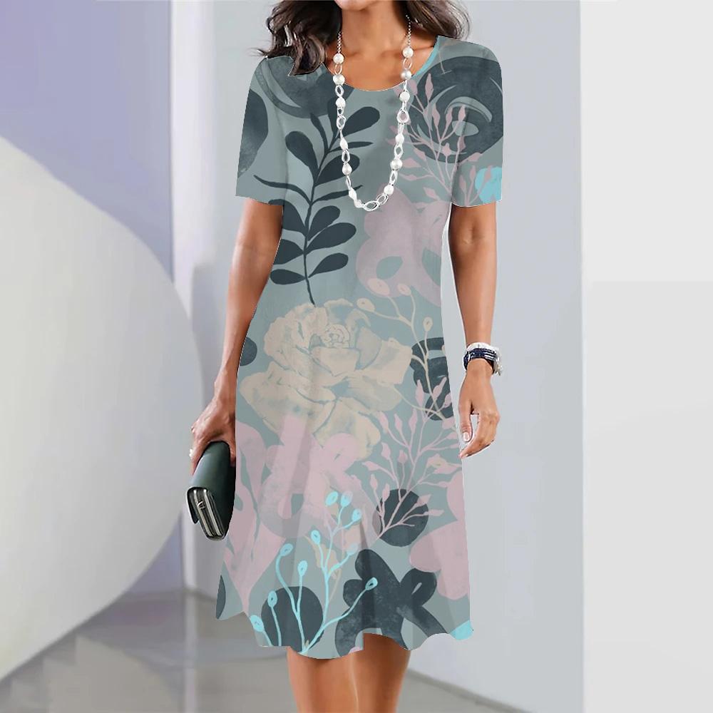 Holiday Leisure Short-sleeved Floral Printed Hawaiian Fashion Loose Swing Skirt Party Women's Sexy Bohemian Dress