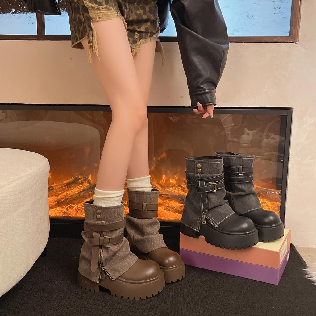 autumn Winter Punk Style Women Ankle Boots Belt Buckle Ladies Concise Chunky Platform Heel Short Booties