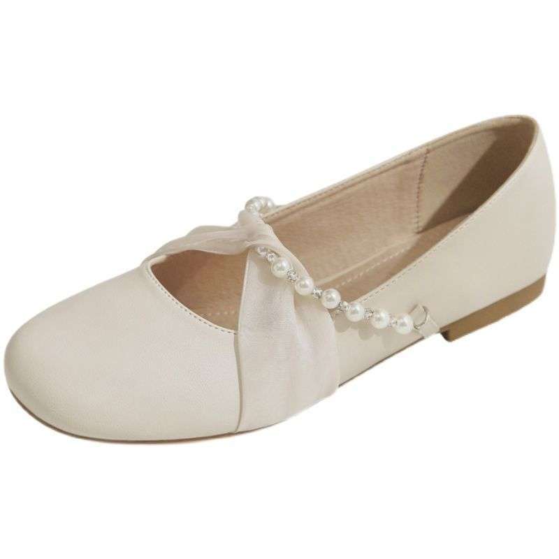 2025 Summer Single Shoes Women's Flat Bottom Shallow Mouth Pearl with Skirt Doudou Shoes Fairy One Pedal Gentle Wind Grandma Shoes