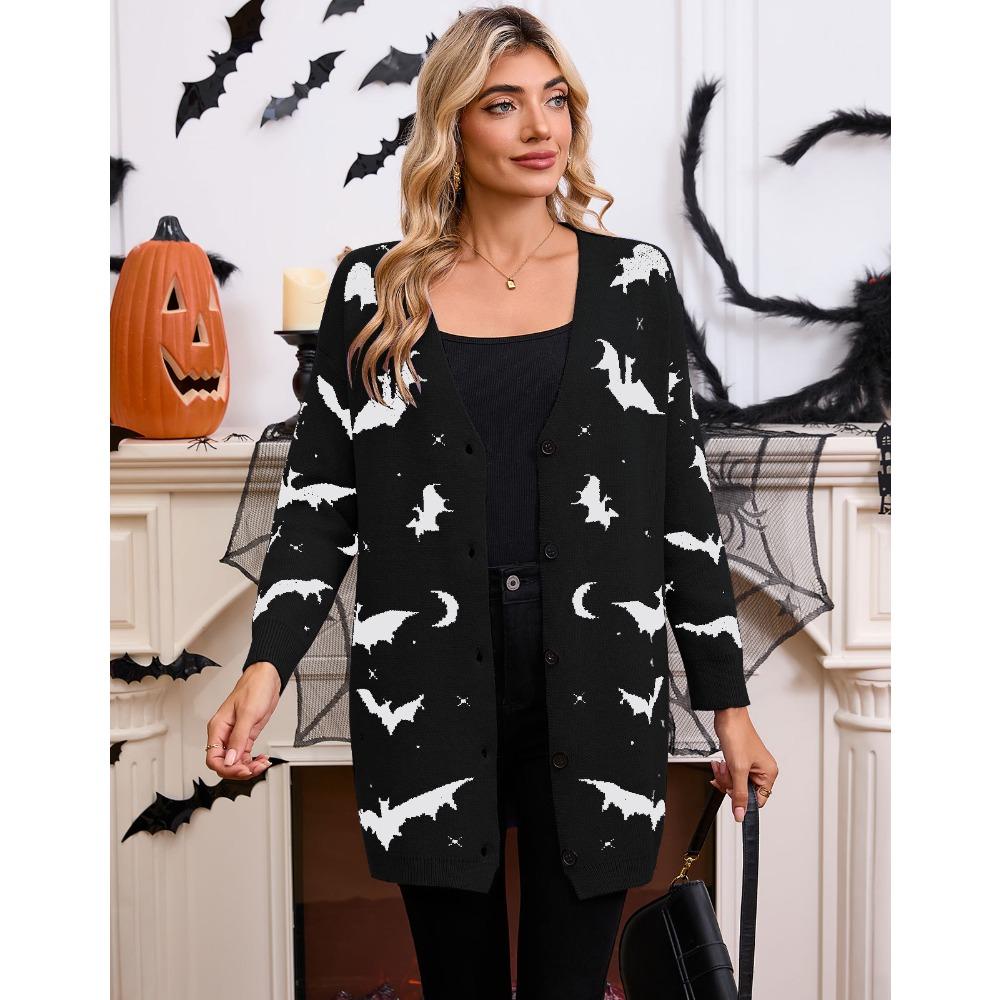 Women's V Neck Long Sleeve Halloween Bat Print Loose Fit Commuter Knit Cardigan