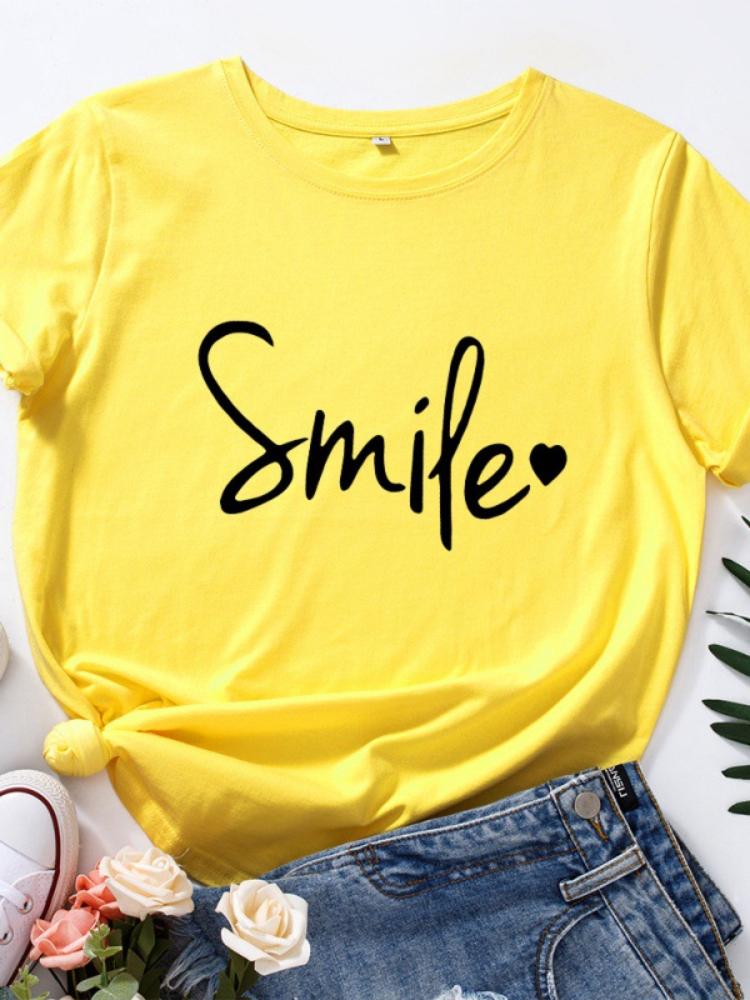 Простой стиль Smile Letter Print Футболка женская с коротким рукавом O-образным вырезом свободная футболка женская футболка топы одежда Camisetas Mujer