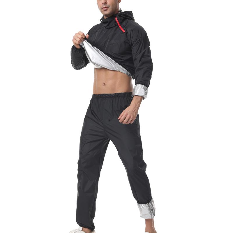 Men Hooded Sauna Sweat Suit Color Block Jacket Pants Set, Windproof Workout Body Shaper For Running Gym Training
