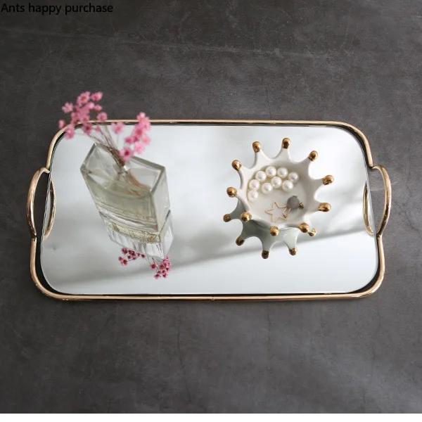 Металлический стеклянный зеркальный поднос для хранения, золотая овальная тарелка с точками для фруктов, поднос для демонстрации мелких предметов, зеркало 45*30 см/35*20 см