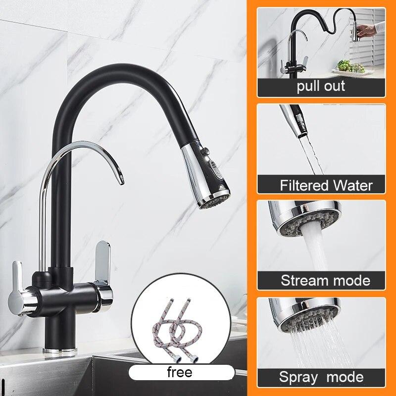 Matte Black Pure Water Kitchen Faucet Dual Handle Hot and Cold Drinking Water Pull Out Kitchen Mixer Taps