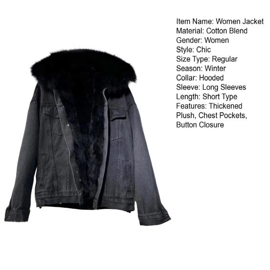 Зимняя женская куртка с меховым капюшоном, утолщенный плюш, длинные рукава, карманы, застежка на пуговицы, карманы с клапанами, пальто короткого типа, ветрозащитное теплое джинсовое пальто