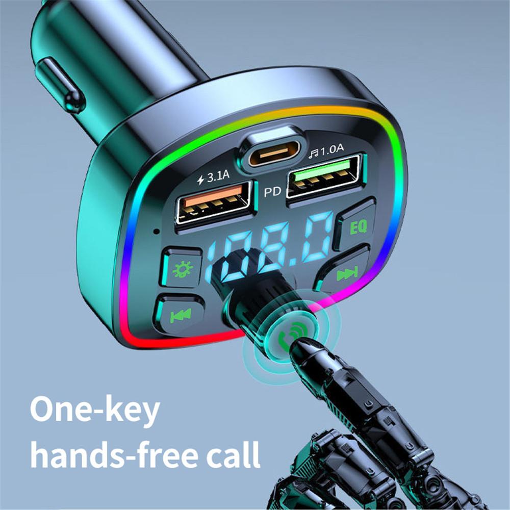 Автомобильный Bluetooth FM-передатчик Dual USB 3.1A TypeC PD Быстрое зарядное устройство Прикуриватель Радио MP3-плеер Музыкальный плеер Handfree Call Автомобильный комплект с цветным рассеянным освещением