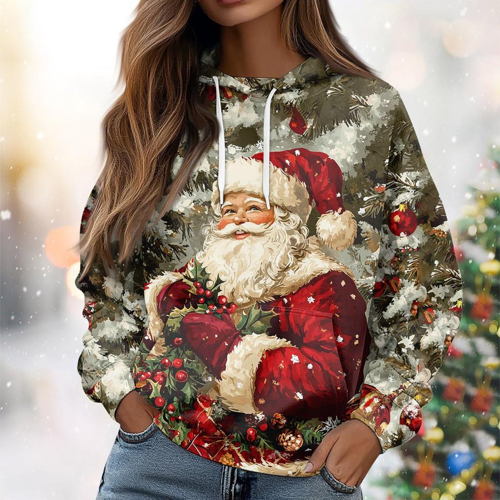 Женская повседневная свободная толстовка с капюшоном и длинным рукавом с рождественским принтом на завязках