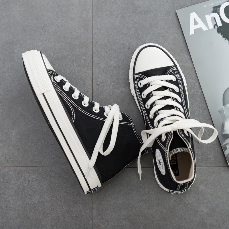 DDOO Women's High-Top Black Canvas Sneakers - Ulzzang Style for Spring and Autumn 2024.