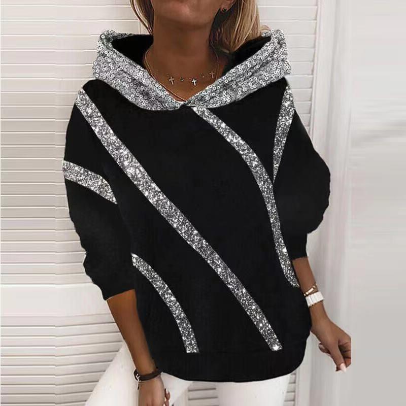 Women's Fashion Sequin Print Loose Hoodie Tshirt