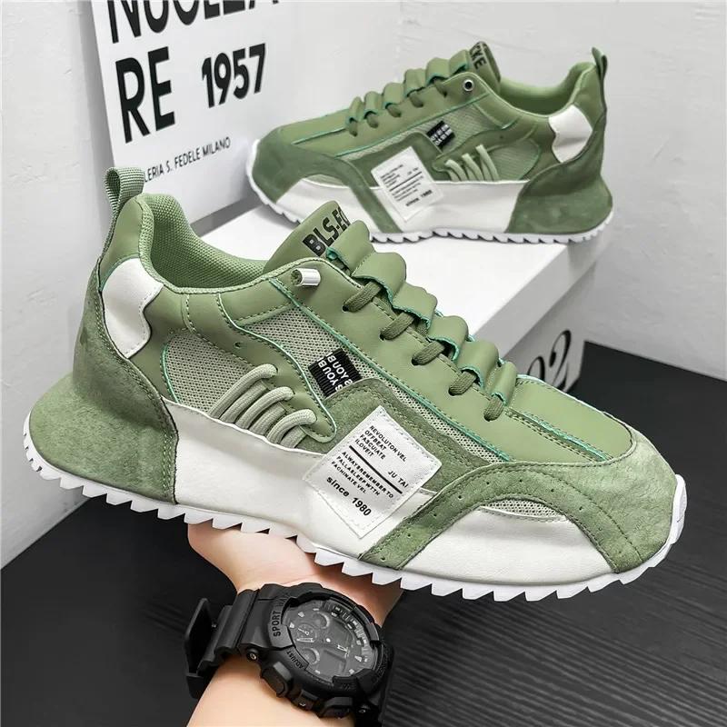 2024 Fashion Casual Breathable Leather Mesh Increased Thick Platform Designer Shoe Color Block Chunky Sneakers Men Running Shoes