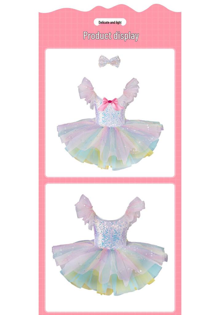 Gradient Sequin Bow Puffy Ballet Skirt for Girls - Fashionable Children's Performance Costume