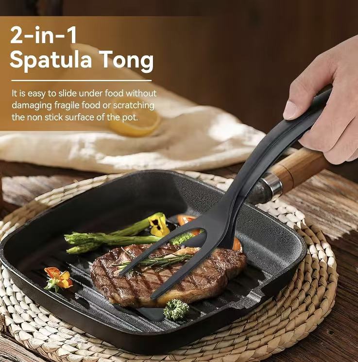 2-in-1 Silicone Shovel & Tweezers Tongs - Black Egg Flipper Pancake Spatula for Kitchen