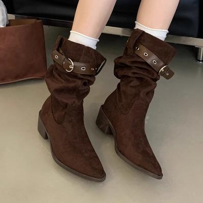 Модные женские ботинки с острым носком, зимние замшевые дизайнерские туфли, модные платья, ботинки на каблуке 2025, готические ботфорты челси до колена, женские ботинки