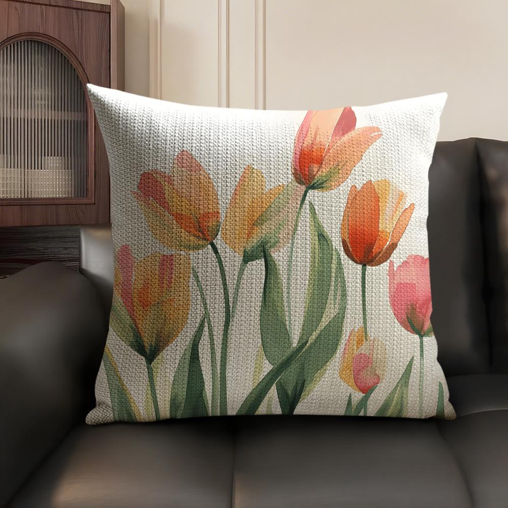 Watercolor Tulip Painting Cushion Cover Natural Linen Organic Fabric DoubleSided Printing Sofa Home Decor Gift Pillow Case