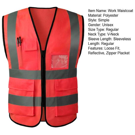 Рабочий жилет для мужчин и женщин, светоотражающий жилет с V-образным вырезом, без рукавов, на молнии, дышащий, ночной