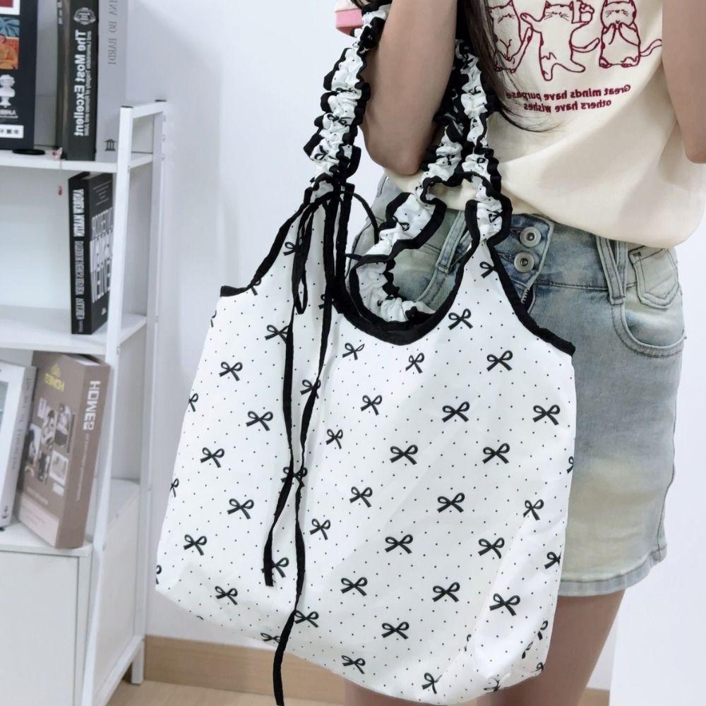 Канвас в горошек с рюшами и кружевом, большая вместительная сумка на плечо в клетку, сумка на плечо с бантом, для покупок