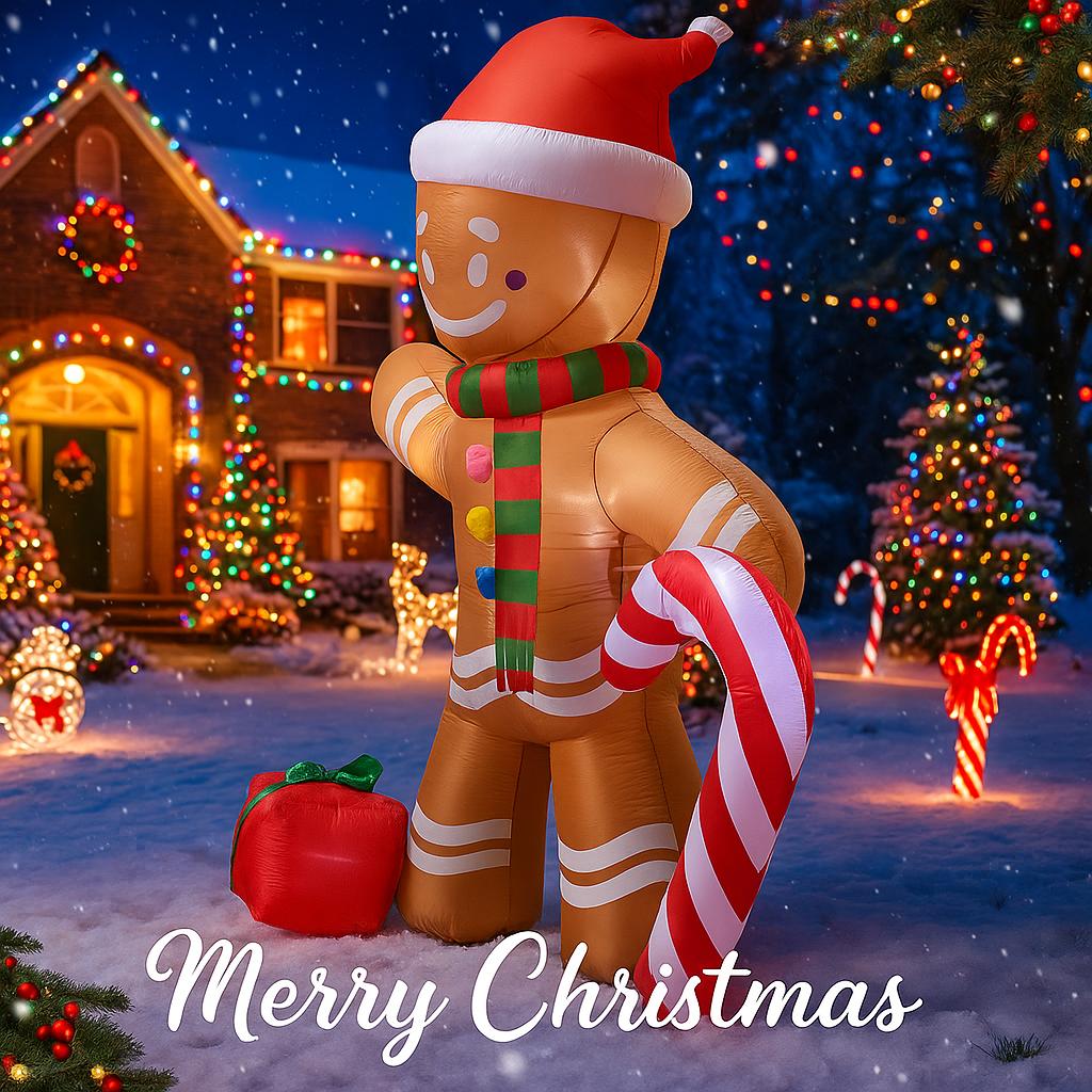 7.8FT LED Inflatable Yard Decoration Gingerbread Man Candy Cane Gift Xmas Home Decor Ornaments Supplie Gift Toy Christma Holiday