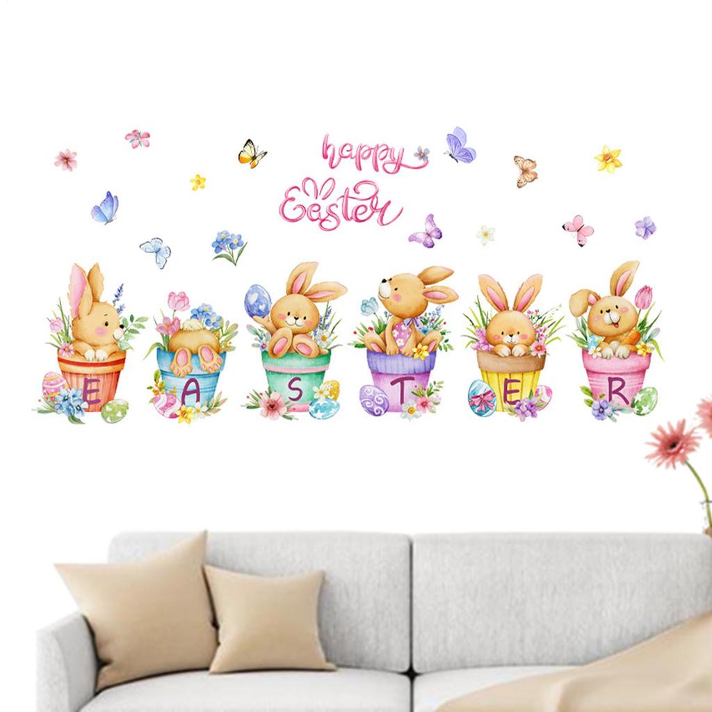 2 листа Easter Egg Bunny Flowerpot Pattern Наклейки на окна Милый кролик Цветочный горшок Пасхальное яйцо Статические наклейки Декор для дома