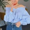 Корейский шик Двусторонняя рубашка с открытыми плечами и рукавами-фонариками для женщин - Французский молочно-голубой отбеливающий дизайн