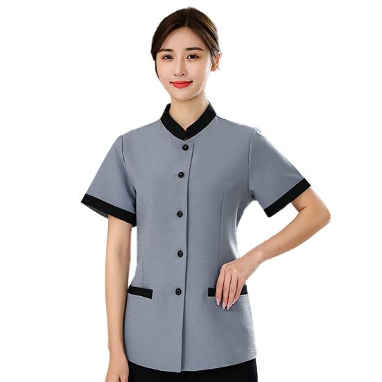 Hotel Housekeeping Uniform Women Slim Fit Top Stand Collar Short Sleeve Single Breasted Pockets Work Uniform Tops