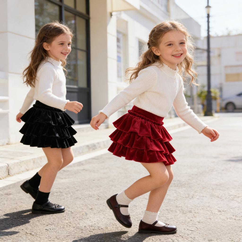 2026 Юбка-торт из черного бархата для девочек, с высокой талией, А-силуэта, короткая, весенняя, расклешенная, праздничная одежда, школьная, детская, универсальные многослойные юбки